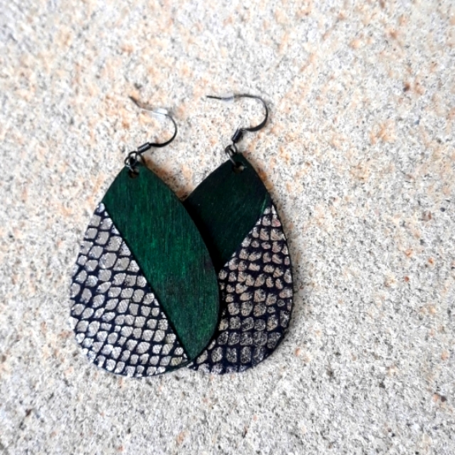 Green Wood Teardrop Earrings W/ Exotic Print Faux Leather Detail